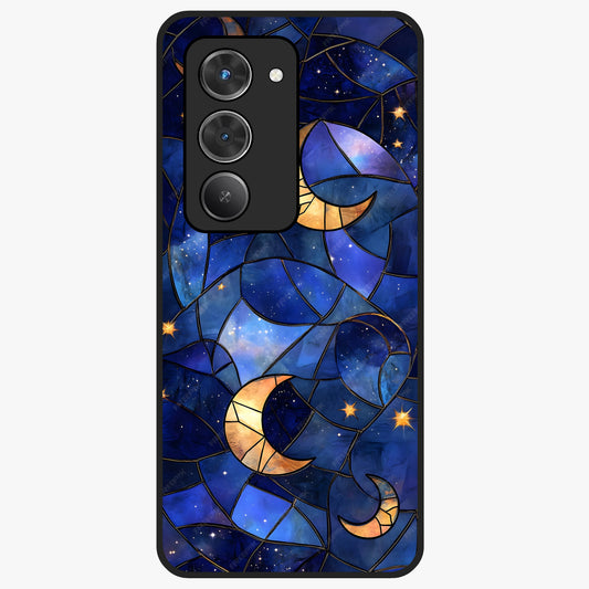 Starlit Sky Tapestry Glass Case showing flat back view with decorative starry sky tapestry artwork and glossy glass finish.