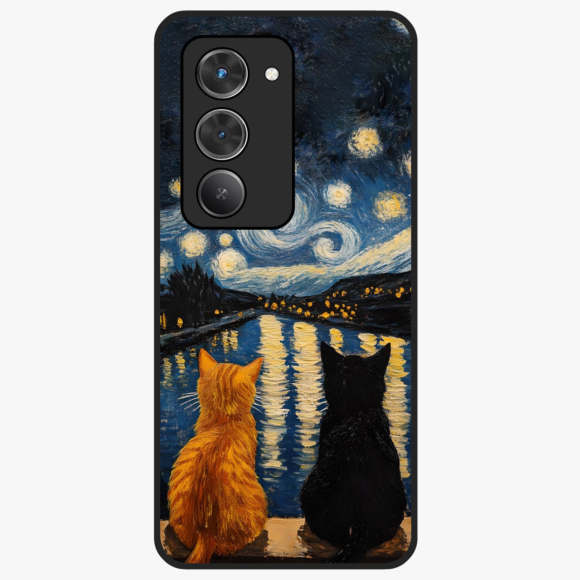 Starry River Cats Glass Case showing flat back view with cats by a starry river artwork and glossy glass finish.