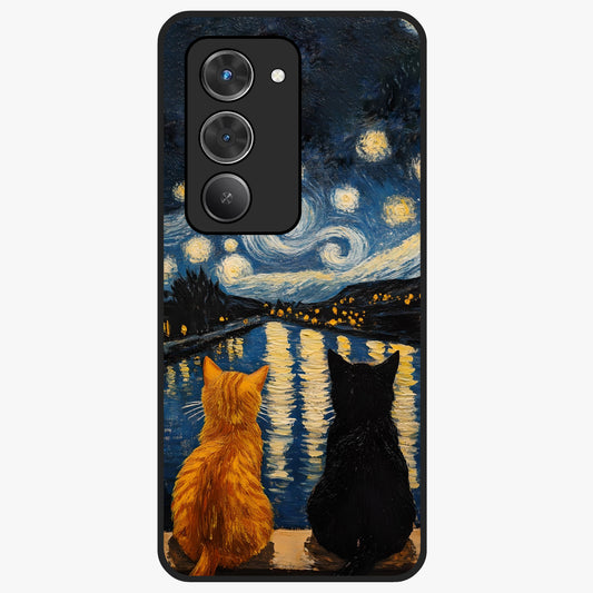 Starry River Cats Glass Case showing flat back view with cats by a starry river artwork and glossy glass finish.