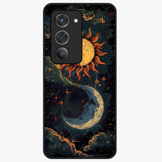 Sun And Moon Magic Design Glass Case showing flat back view with mystical sun and moon artwork and glossy glass finish.