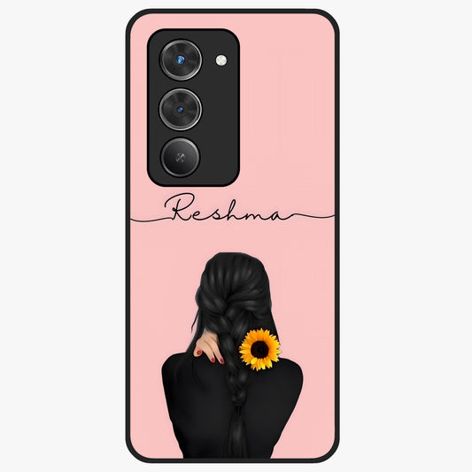Sunflower Braid Beauty With Custom Name Glass Case showing flat back view with sunflower braid artwork and personalized name design.