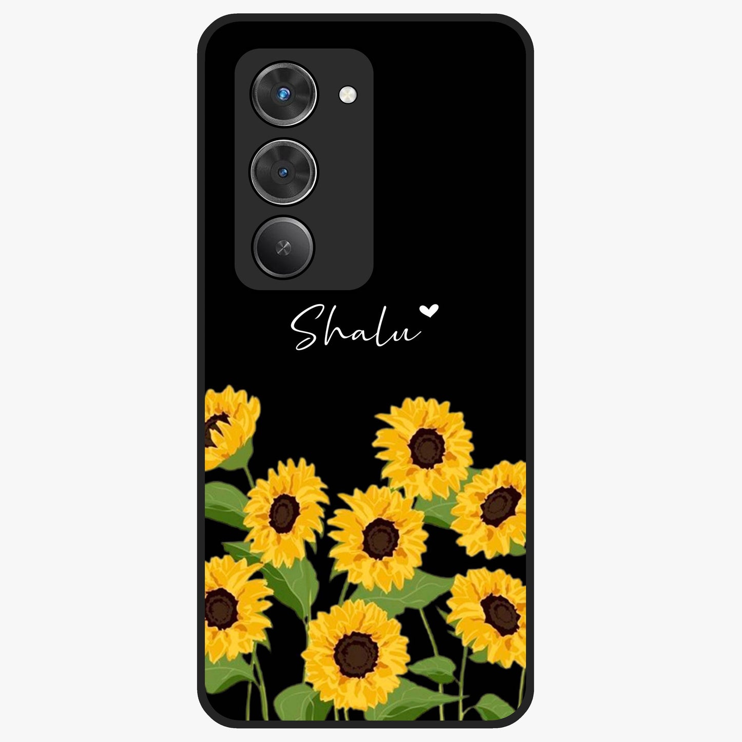 Sunflower Chic Mood Custom Name Glass Case showing flat back view with stylish sunflower artwork and personalized name design.