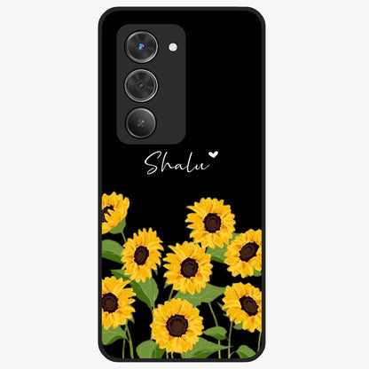 Sunflower Chic Mood Custom Name Glass Case showing flat back view with stylish sunflower artwork and personalized name design.