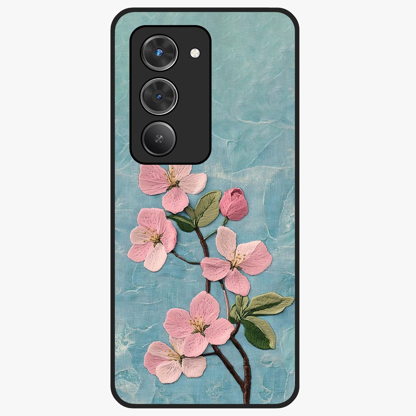 Threaded Blossom Breeze Glass Case showing flat back view with delicate blossom artwork and glossy glass finish.