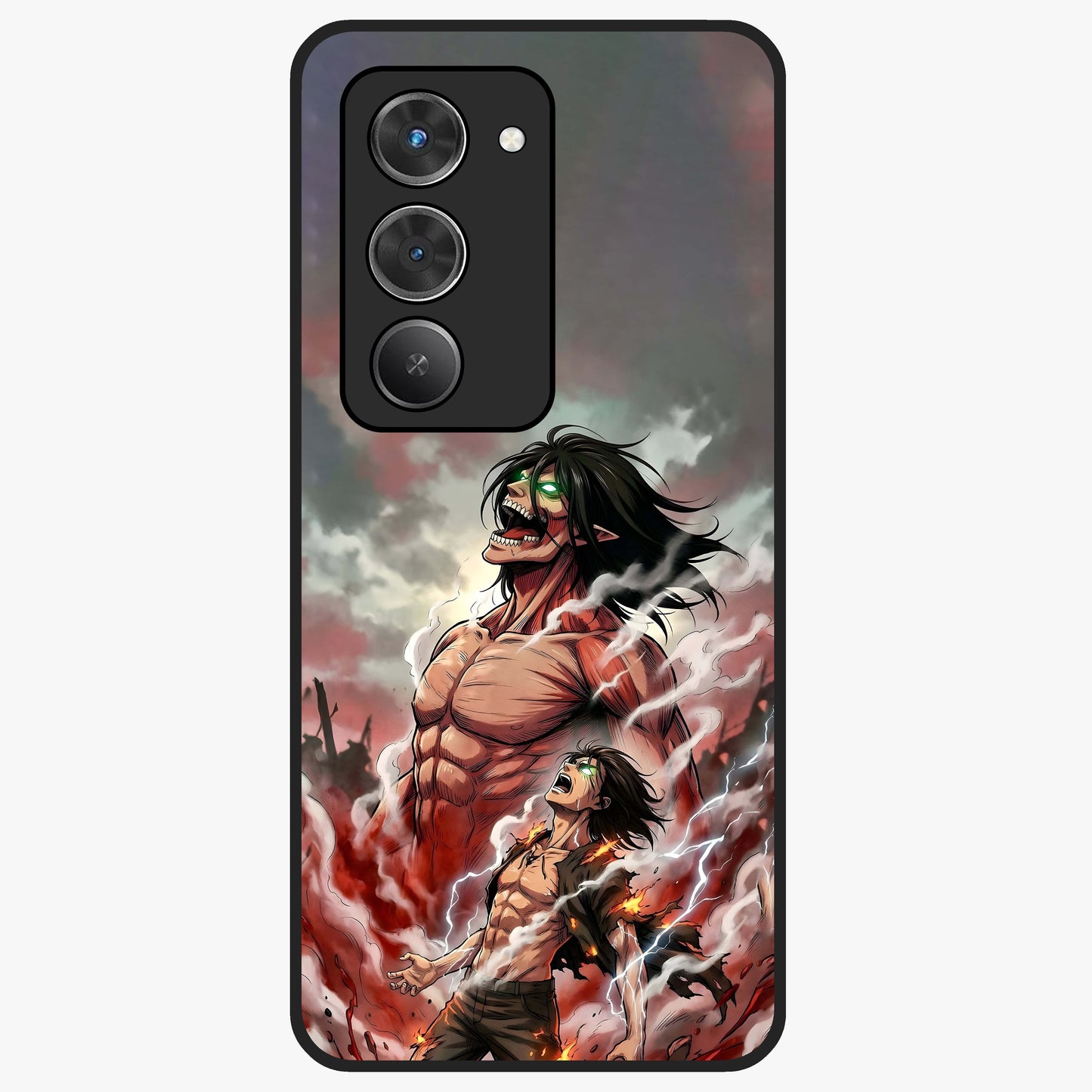 Titan Awakening Fury Glass Case showing flat back view with powerful titan inspired artwork and glossy glass finish.