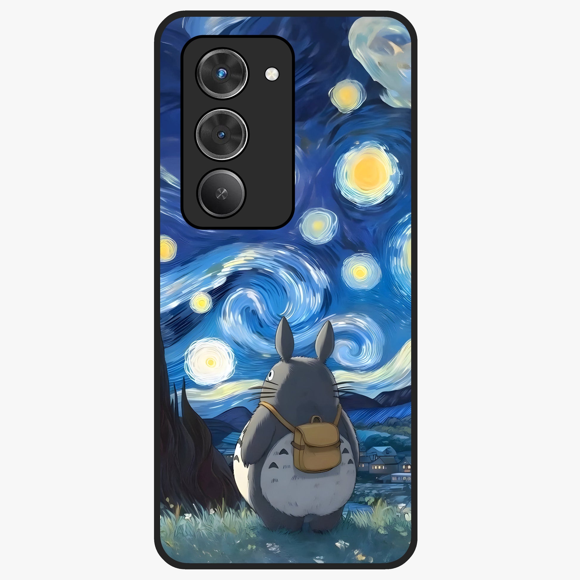 Totoro In Van Gogh Art Glass Case showing flat back view with whimsical character artwork inspired by Van Gogh style and glossy glass finish.