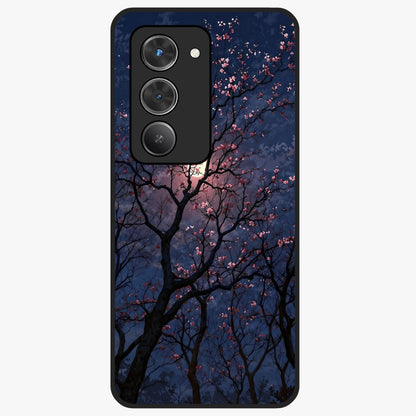 Twilight Sakura Serenade Glass Case showing flat back view with cherry blossom artwork at twilight and glossy glass finish.