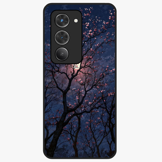Twilight Sakura Serenade Glass Case showing flat back view with cherry blossom artwork at twilight and glossy glass finish.