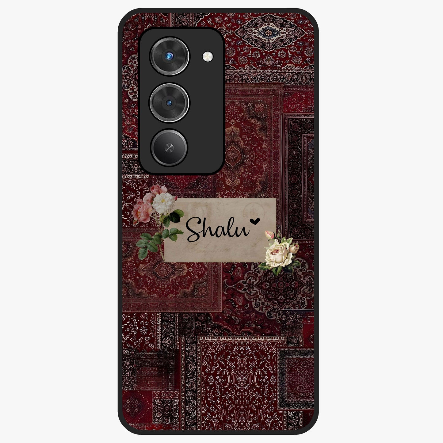 Velvet Wine Pattern Custom Name Glass Case showing flat back view with elegant wine colored pattern artwork and personalized name design.