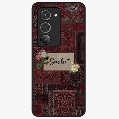 Velvet Wine Pattern Custom Name Glass Case showing flat back view with elegant wine colored pattern artwork and personalized name design.