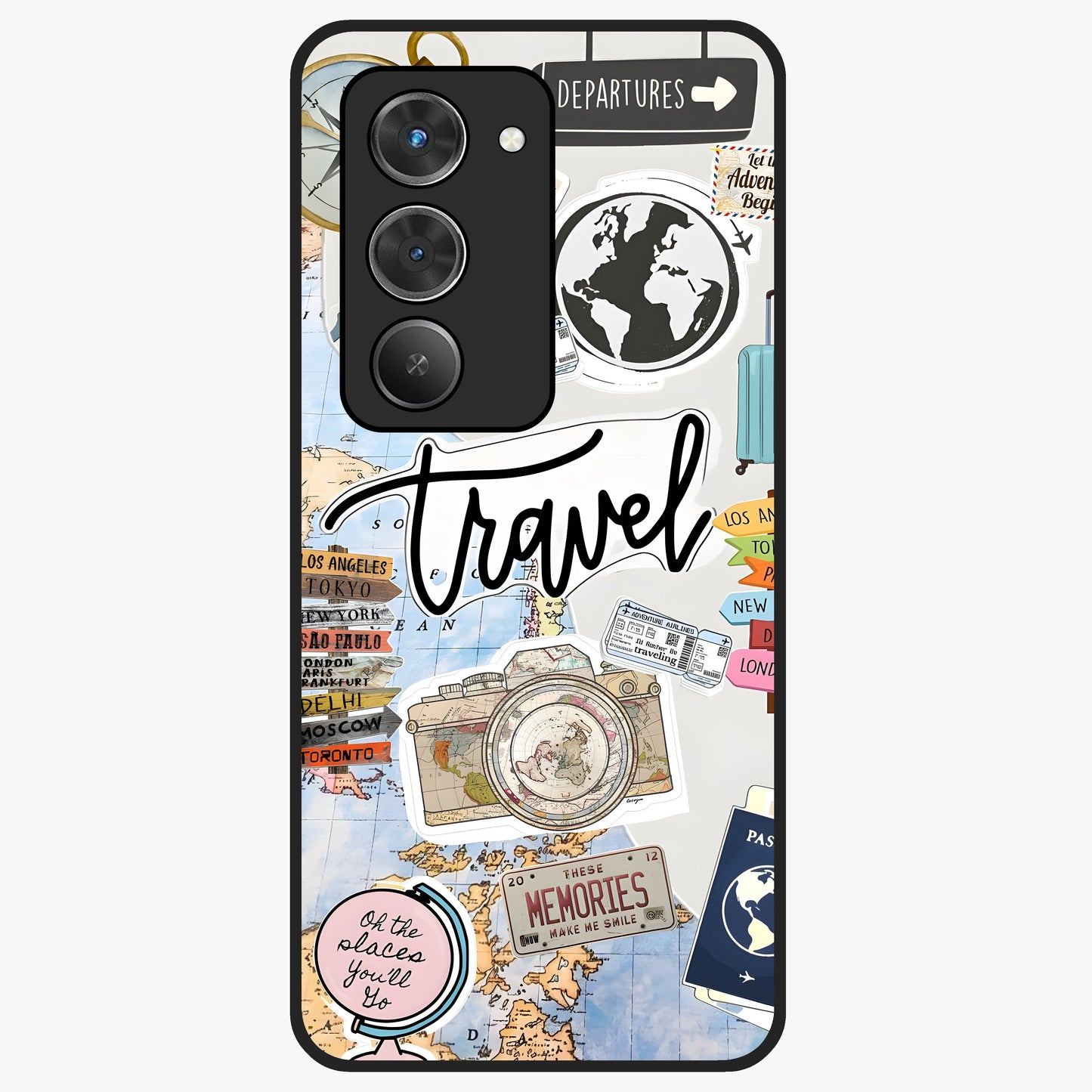 Wanderlust Journal Glass Case showing flat back view with travel inspired artwork and glossy glass finish.