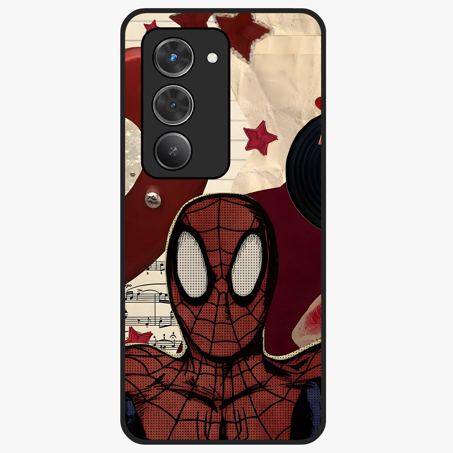 Web Warrior Vibes Glass Case showing flat back view with superhero inspired web themed artwork and glossy glass finish.