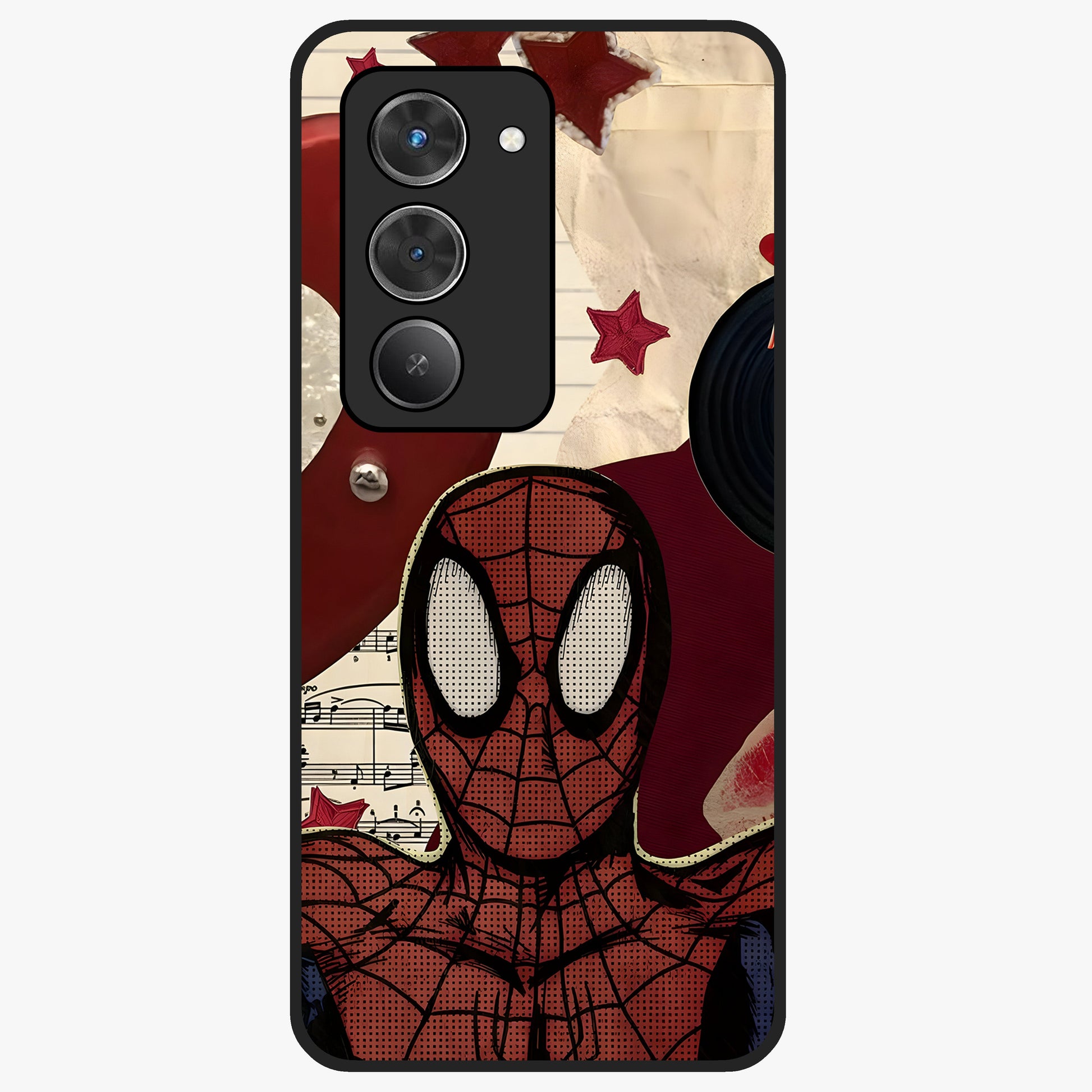 Web Warrior Vibes Glass Case showing flat back view with superhero inspired web themed artwork and glossy glass finish.