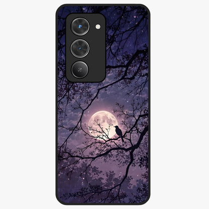 Whispering Moon Silence Glass Case showing flat back view with serene moon themed artwork and glossy glass finish.
