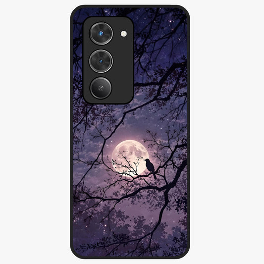 Whispering Moon Silence Glass Case showing flat back view with serene moon themed artwork and glossy glass finish.