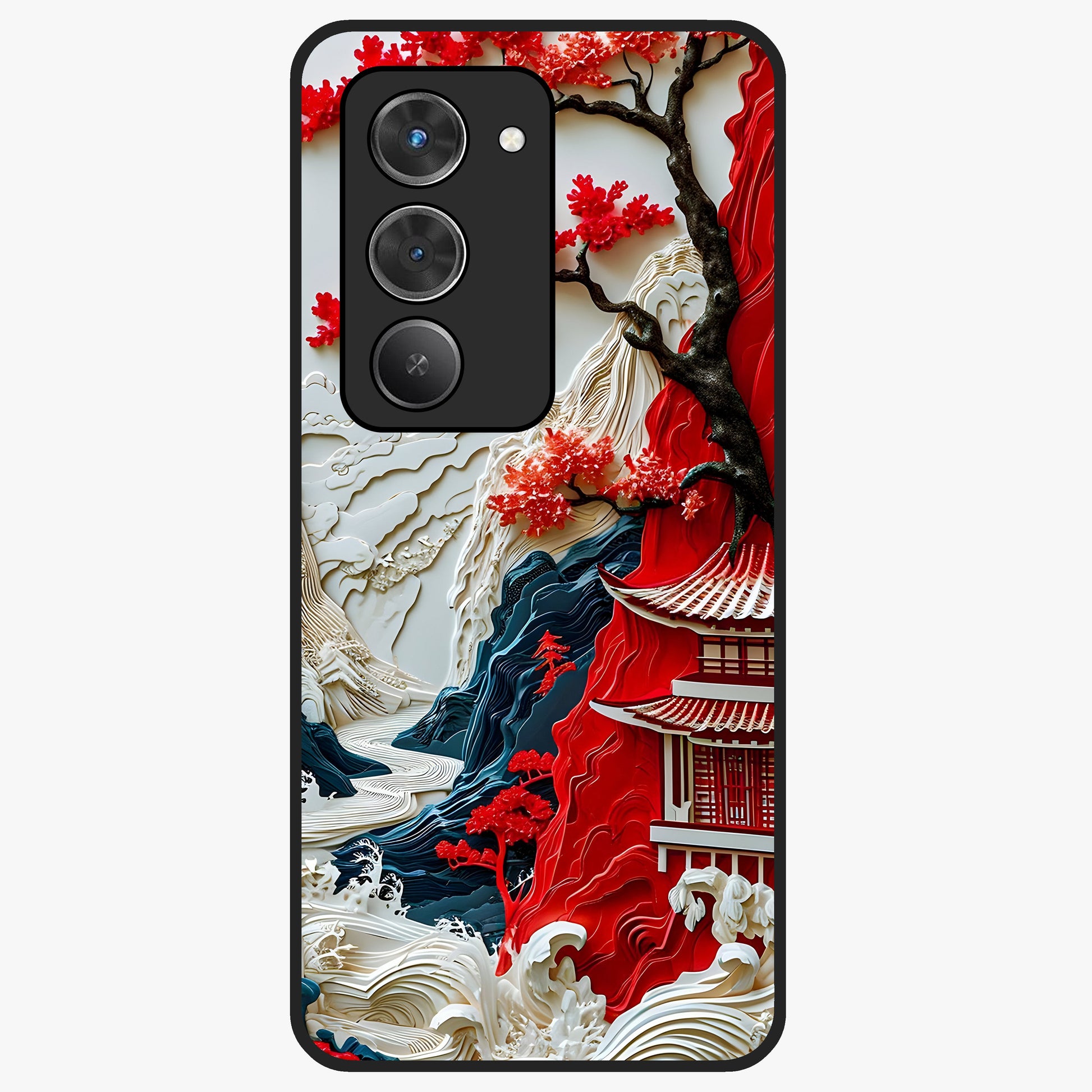 Whispers Of Sakura Waves Glass Case showing flat back view with cherry blossom wave artwork and glossy glass finish.