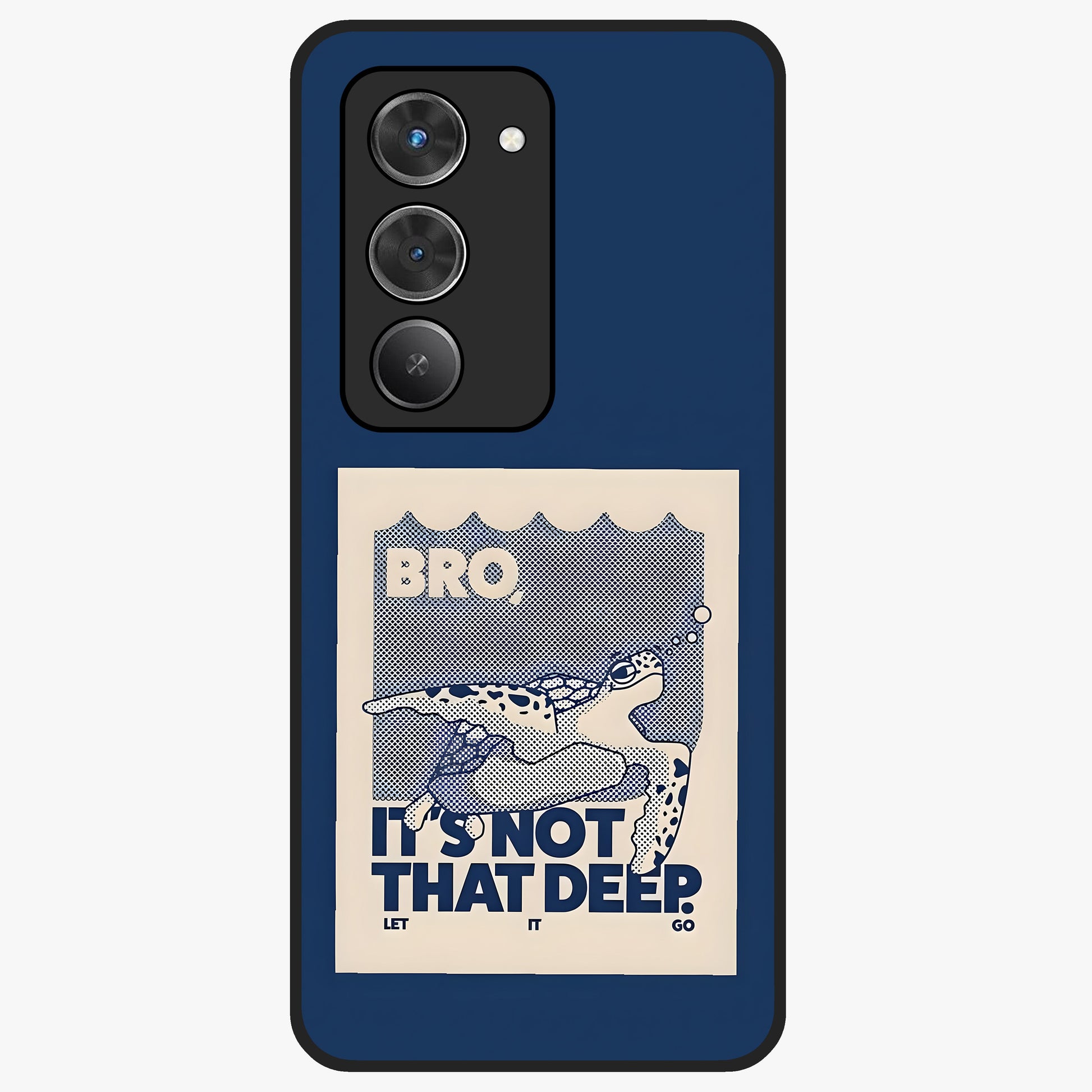 Worry Less Swim Glass Case showing flat back view with playful motivational artwork and glossy glass finish.