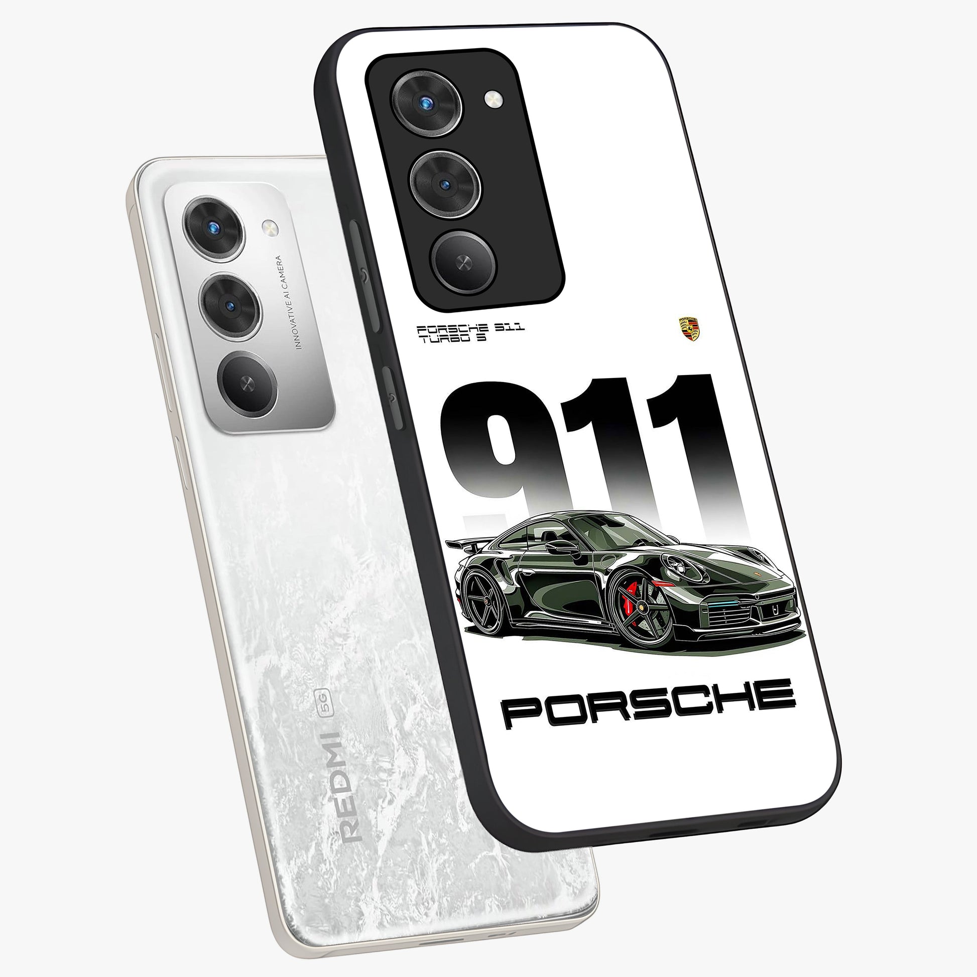 911 Turbo Dominance Glass Case displayed in premium angled mockup highlighting sporty car illustration and sleek glass surface.