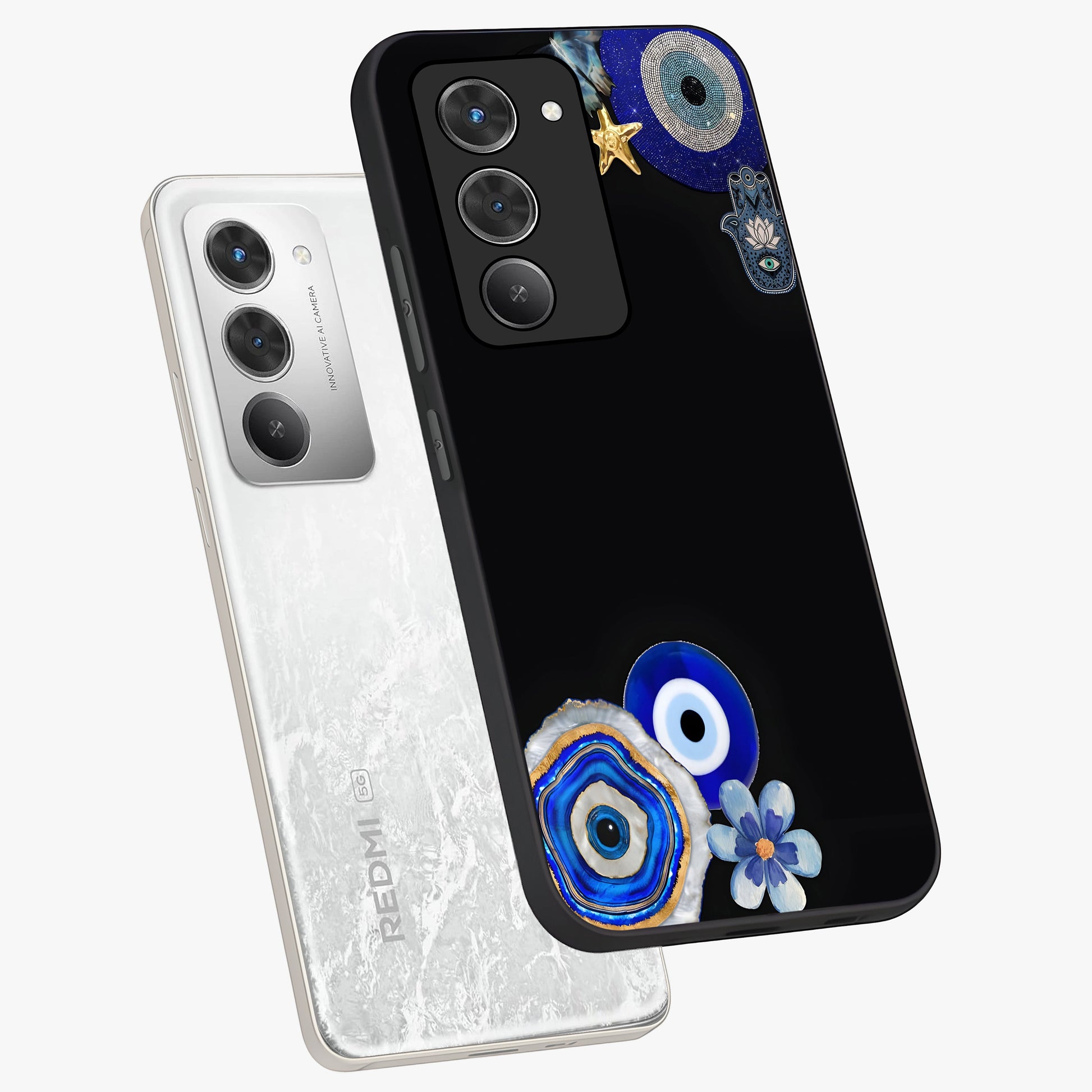 Aesthetic Blue Evil Eye Glass Case displayed in angled mockup highlighting blue evil eye symbol and spiritual aesthetic design.