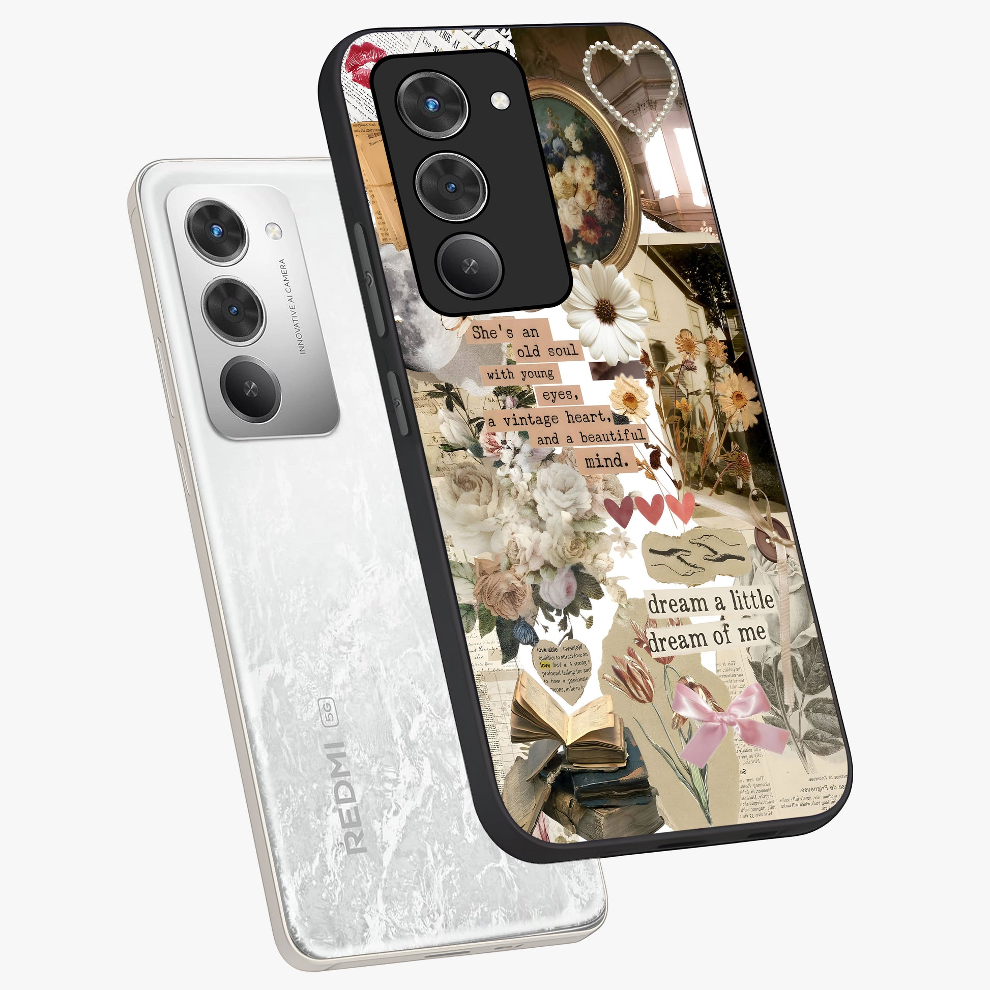 Aesthetic Brown Vintage Collage Glass Case displayed in angled mockup highlighting vintage aesthetic collage design.