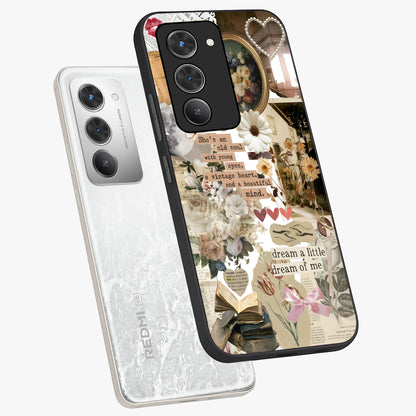 Aesthetic Brown Vintage Collage Glass Case displayed in angled mockup highlighting vintage aesthetic collage design.