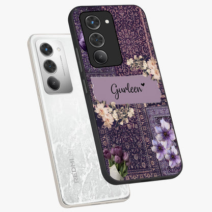 Antique Floral Whisper Custom Name Glass Case displayed in angled mockup highlighting elegant antique floral aesthetic.
