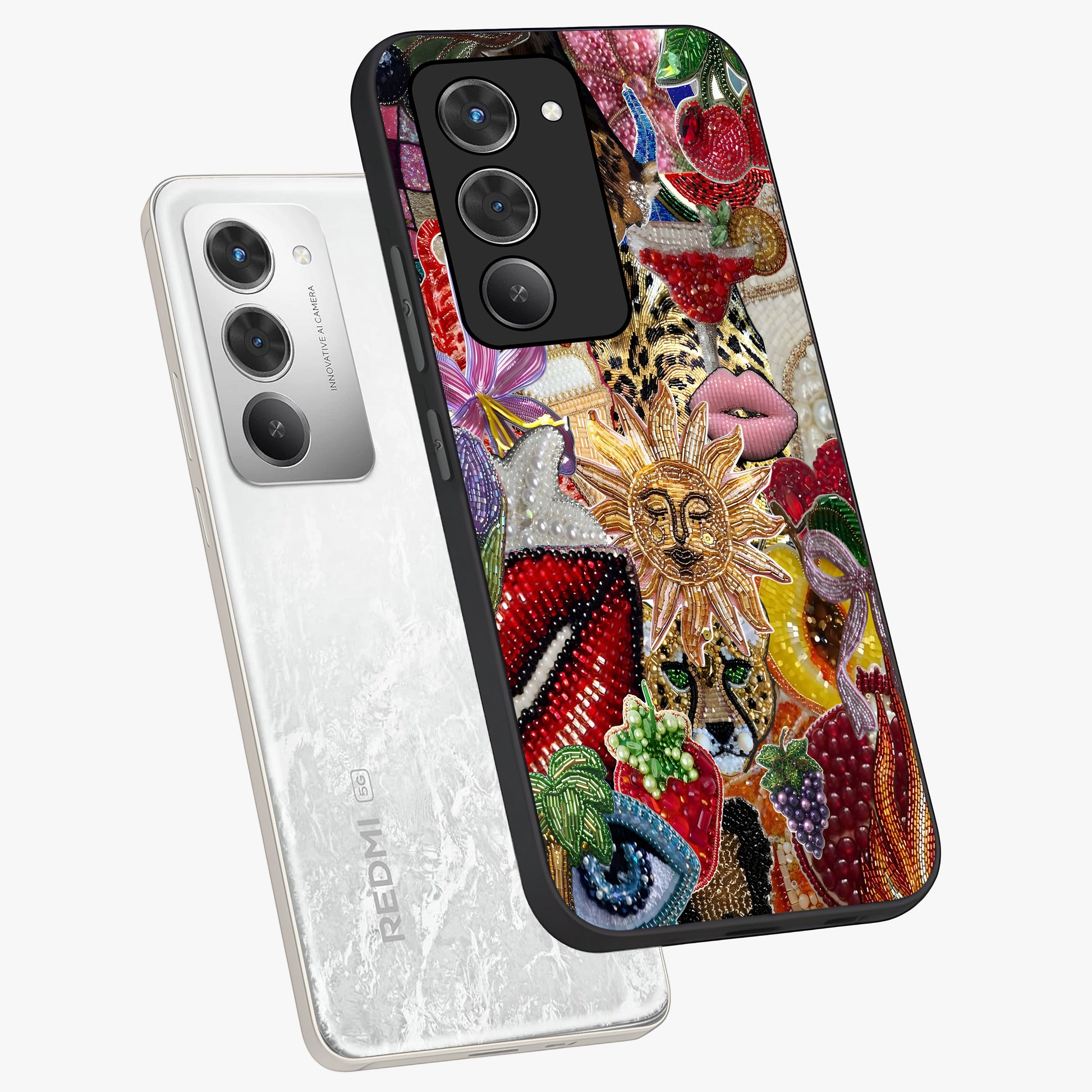 Beaded Fashion Jungle Glass Case displayed in angled mockup highlighting colorful fashion bead design and artistic pattern.