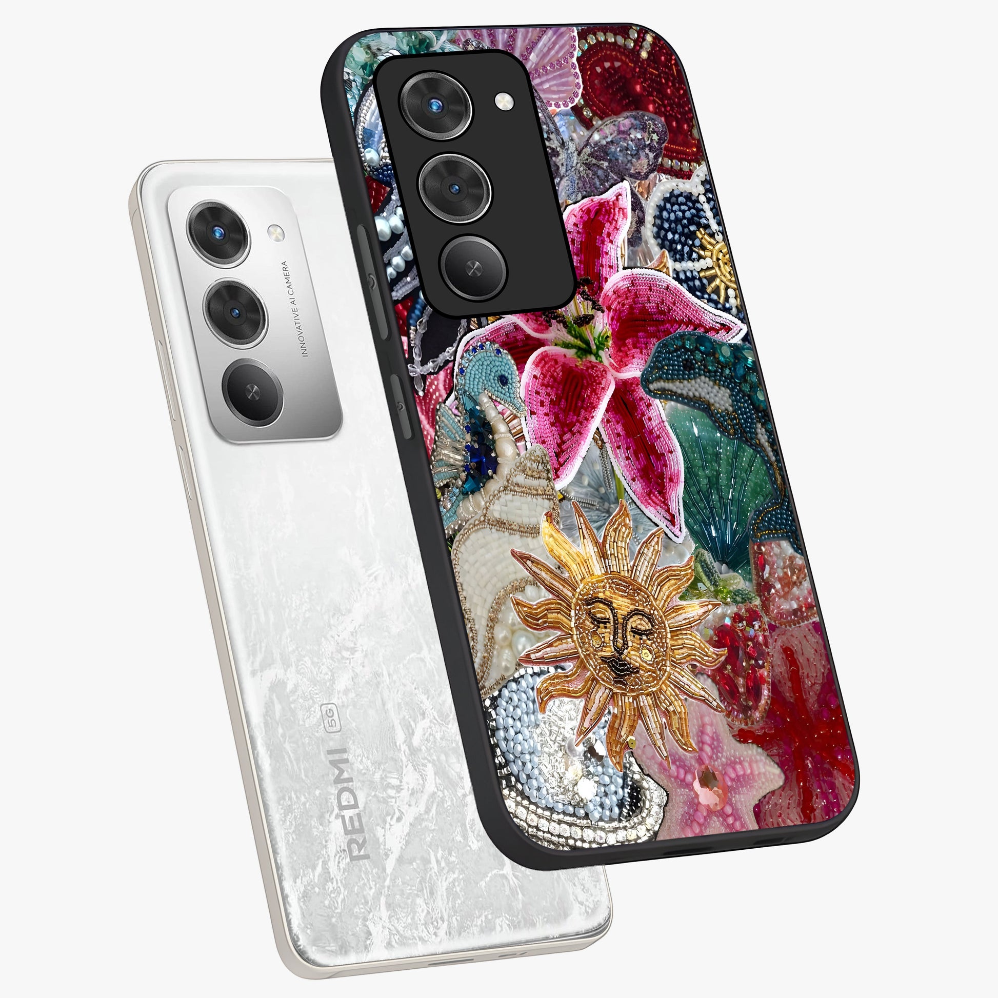 Beaded Garden Fantasy Glass Case displayed in angled mockup highlighting fantasy inspired floral bead pattern.