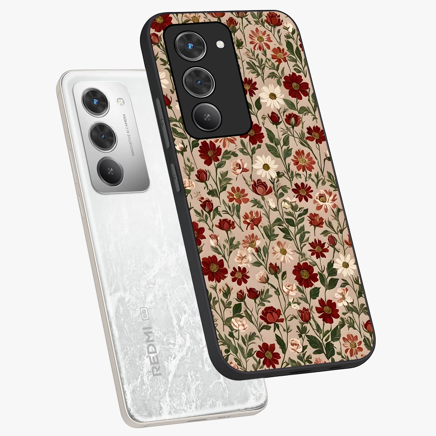Biege Flower With Leaf Glass Case displayed in angled mockup highlighting minimal floral leaf design and elegant aesthetic.