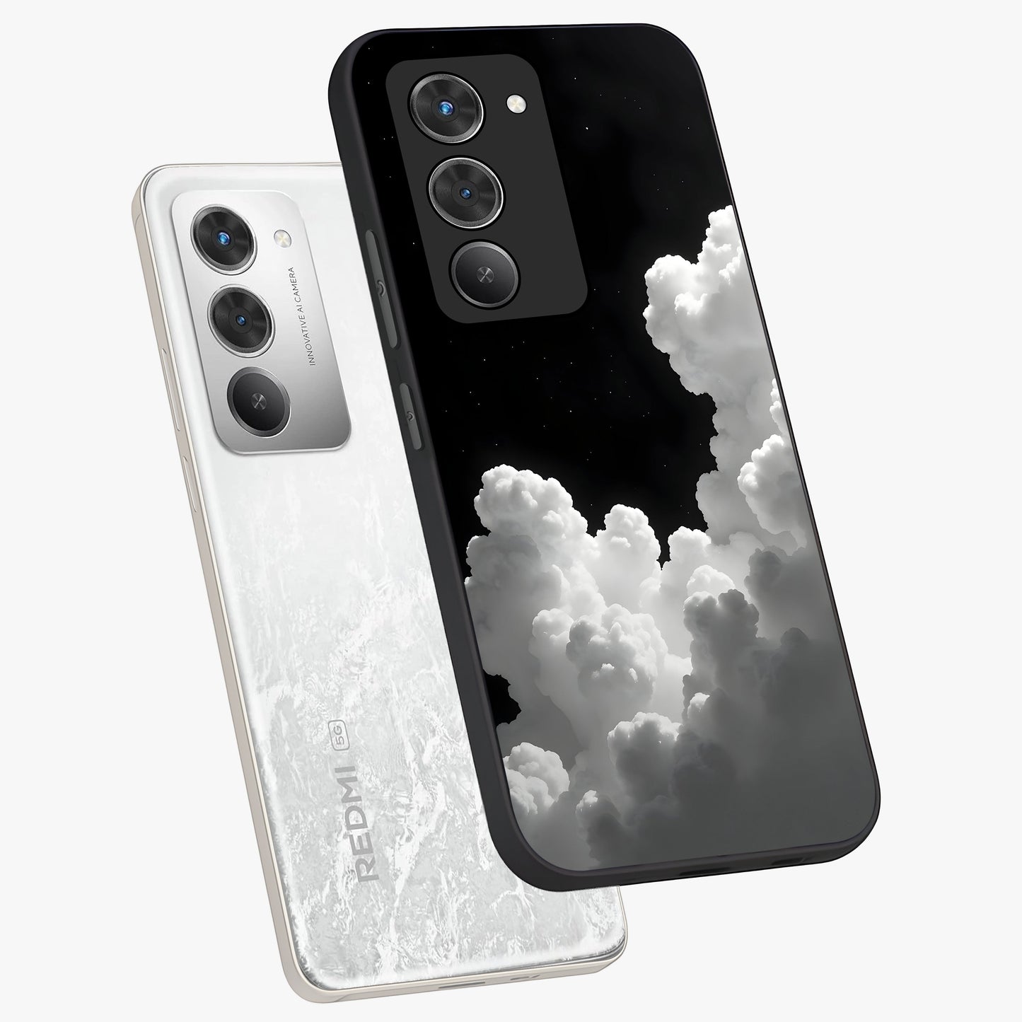 Black Background With White Cloud Glass Case displayed in angled mockup highlighting soft white cloud illustration and minimal design.