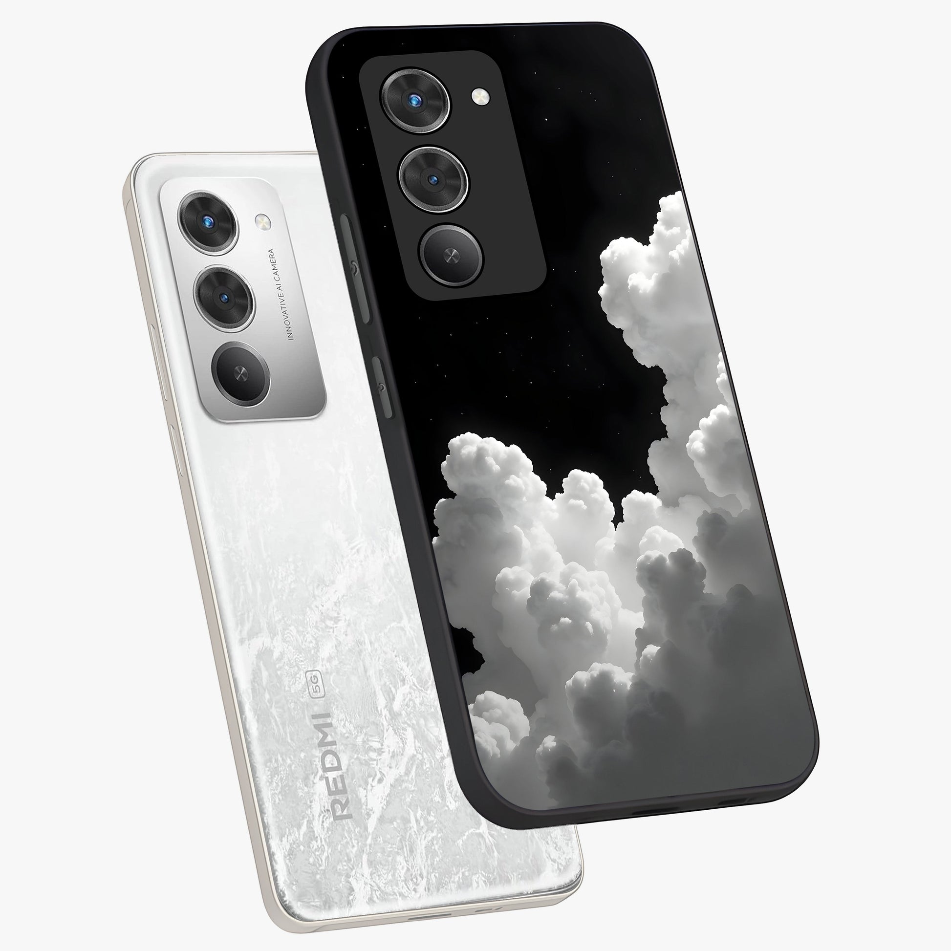 Black Background With White Cloud Glass Case displayed in angled mockup highlighting soft white cloud illustration and minimal design.