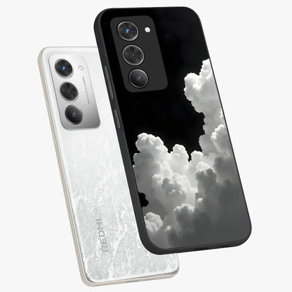 Black Background With White Cloud Glass Case displayed in angled mockup highlighting soft white cloud illustration and minimal design.
