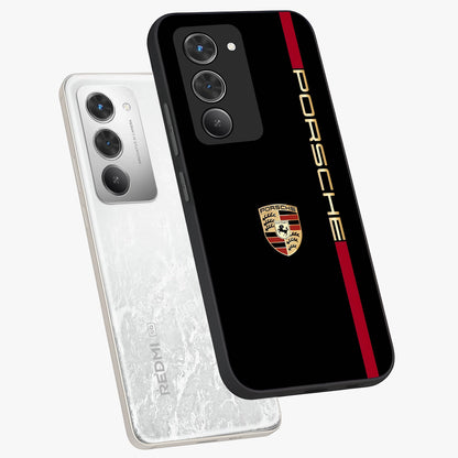 Black Minimal Porsche Glass Case displayed in angled mockup highlighting modern minimal car illustration and clean aesthetic design.