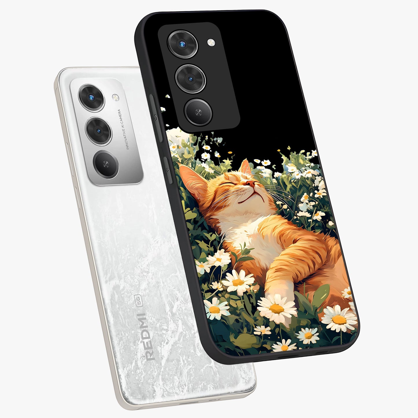 Blissful Bloom Cat Glass Case displayed in angled mockup highlighting playful feline illustration with soft floral aesthetic.