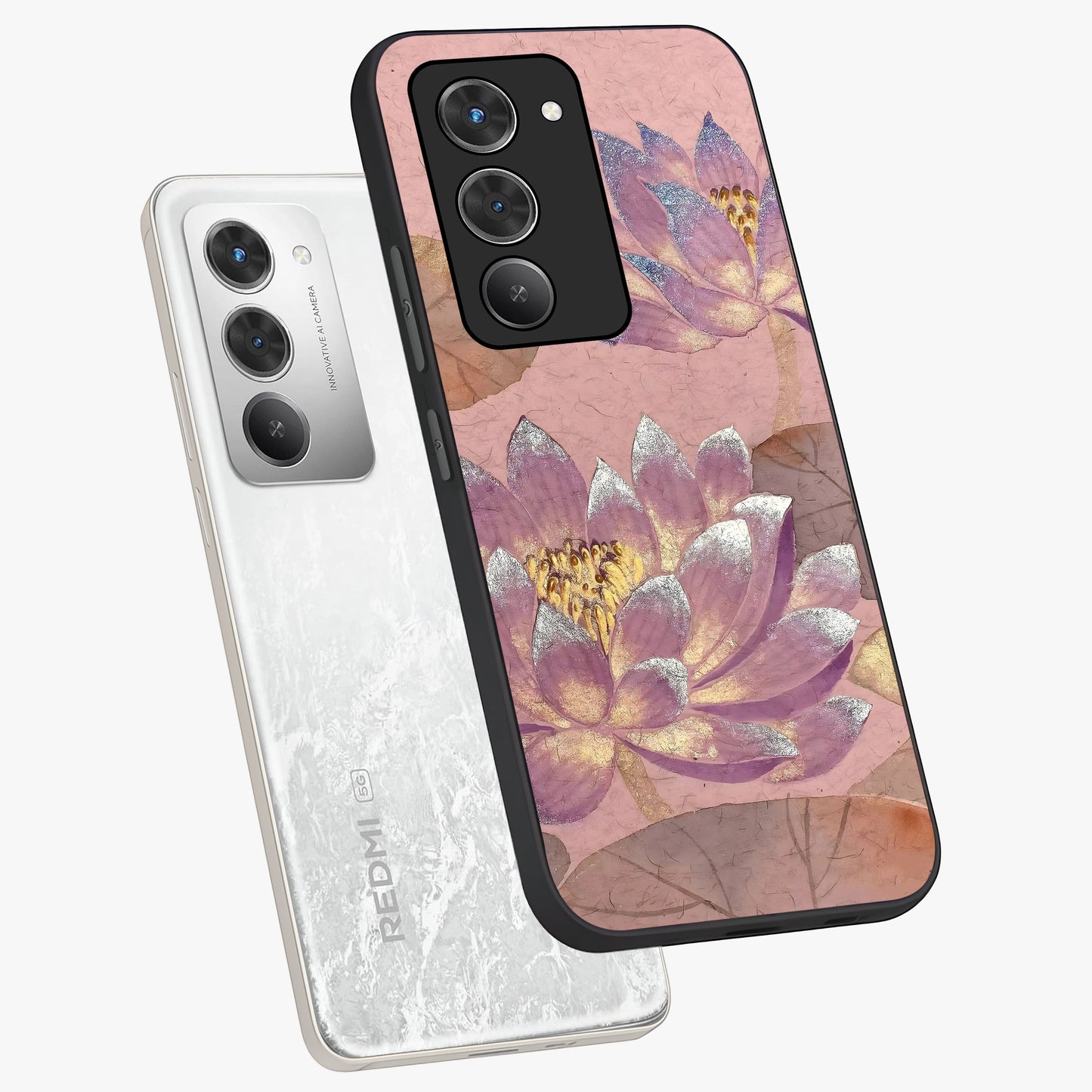 Blossom Mist Lotus Glass Case displayed in angled mockup highlighting delicate lotus illustration with calm aesthetic theme.
