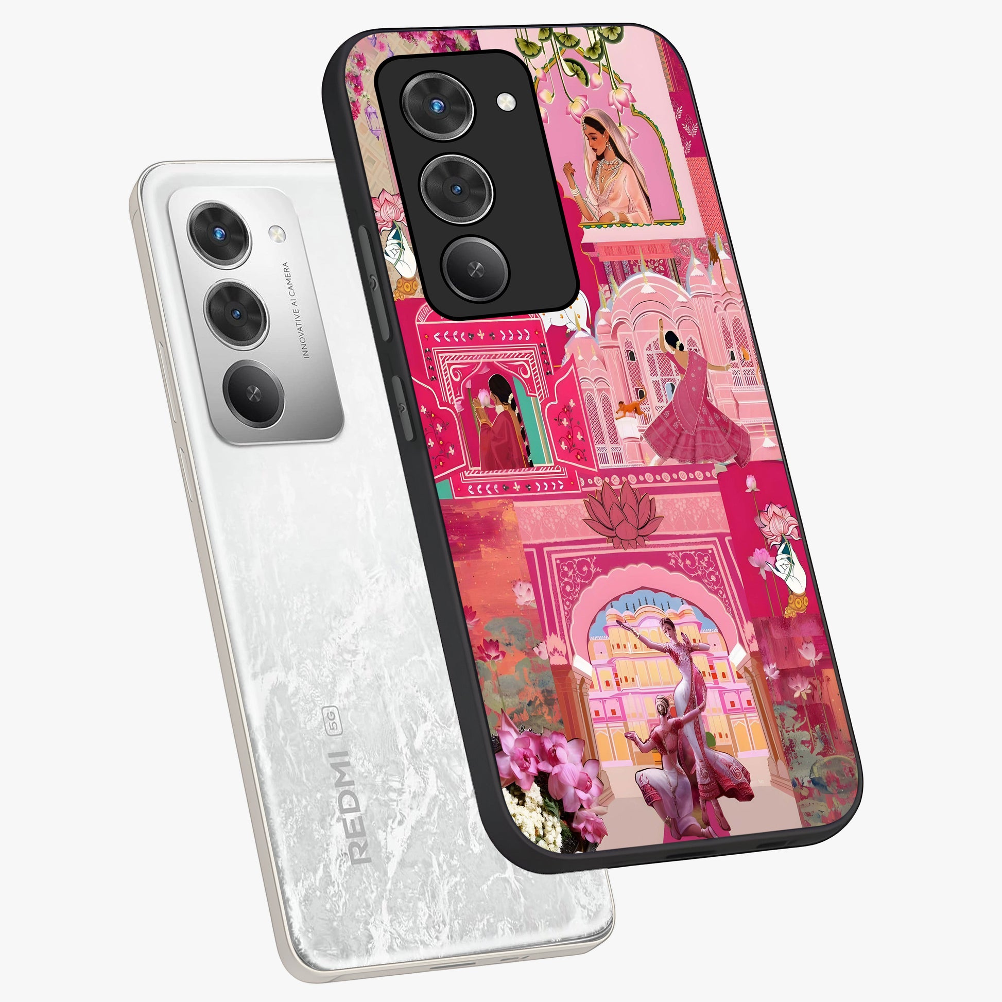 Blossoms of Rajasthan Glass Case displayed in angled mockup highlighting vibrant floral pattern with cultural aesthetic style.