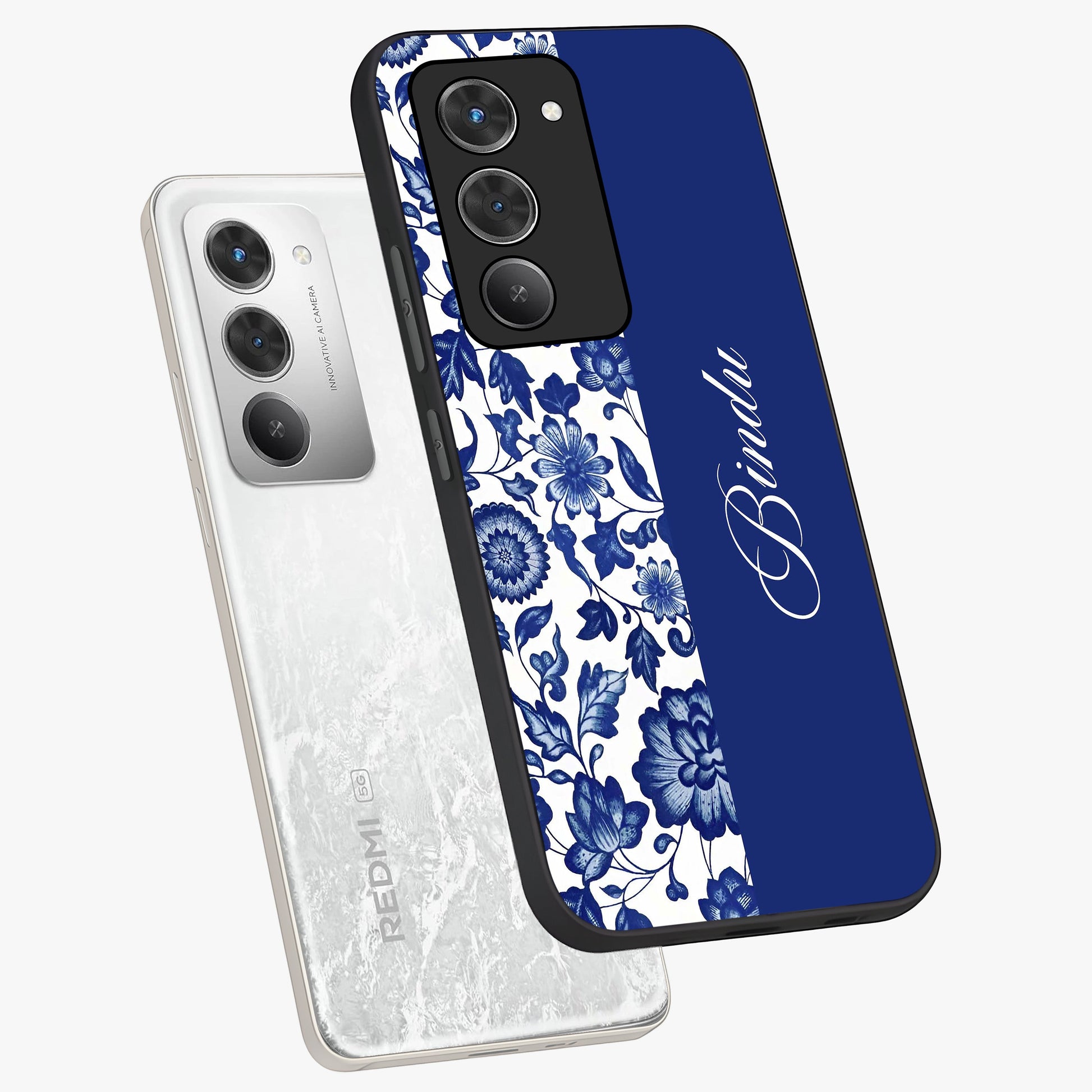 Blue Vintage Floral Pattern Glass Case displayed in angled mockup highlighting subtle bloom pattern with aesthetic pastel design.