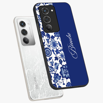Blue Vintage Floral Pattern Glass Case displayed in angled mockup highlighting subtle bloom pattern with aesthetic pastel design.