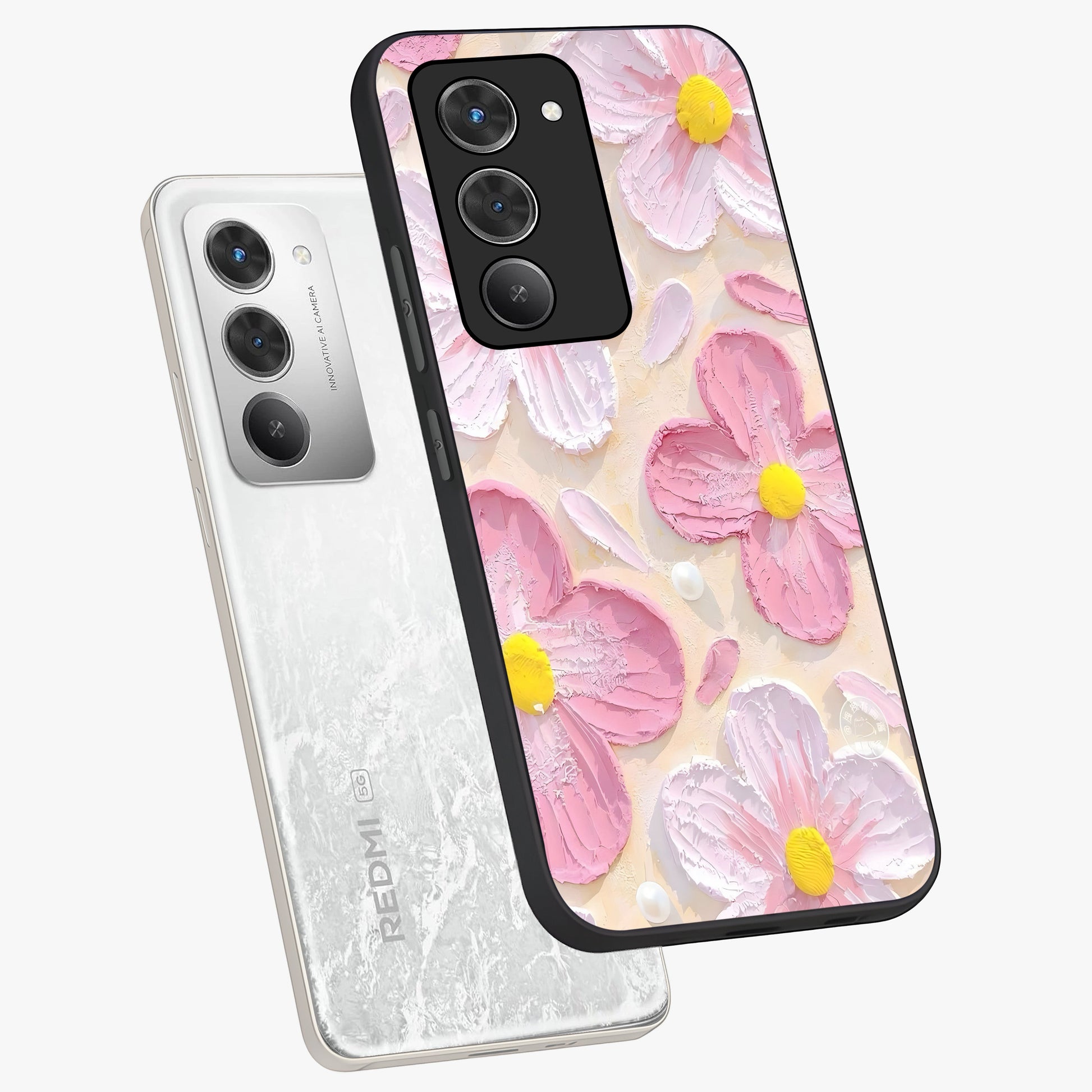 Blush Bloom Texture Glass Case displayed in angled mockup highlighting subtle bloom pattern with aesthetic pastel design.