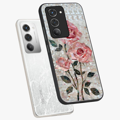 Blush Mosaic Bloom Glass Case displayed in angled mockup highlighting artistic mosaic flower pattern with aesthetic design.