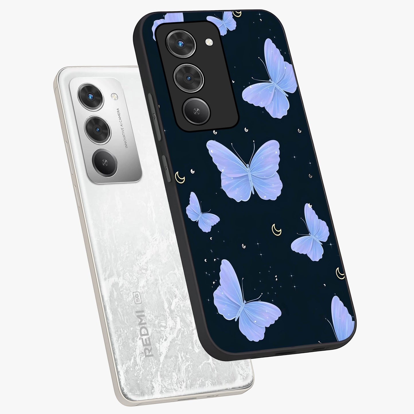 Butterfly With Stars Pattern Glass Case displayed in angled mockup highlighting dreamy butterfly and star design with aesthetic theme.