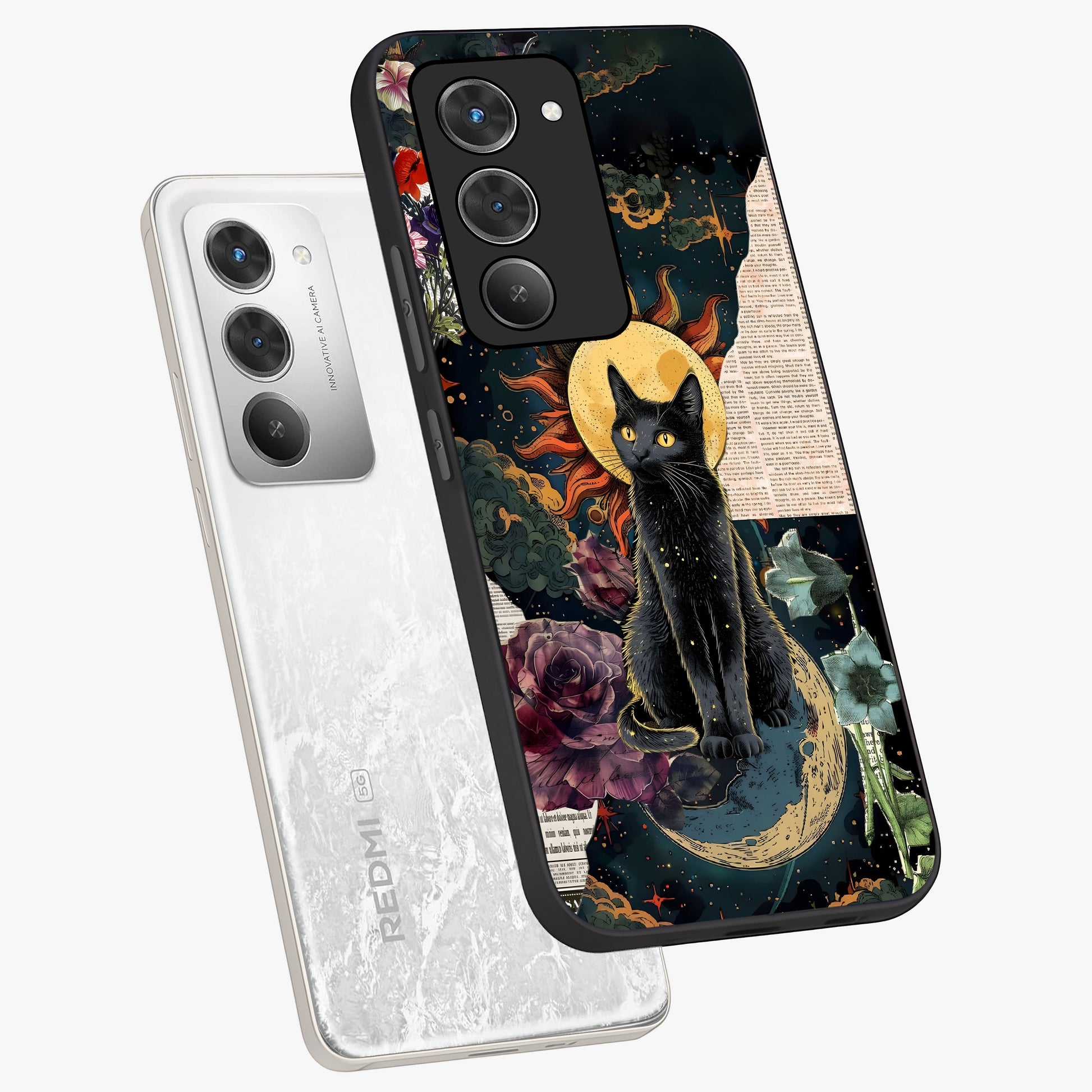 Celestial Black Cat Glass Case displayed in angled mockup highlighting cosmic black cat design with celestial aesthetic.
