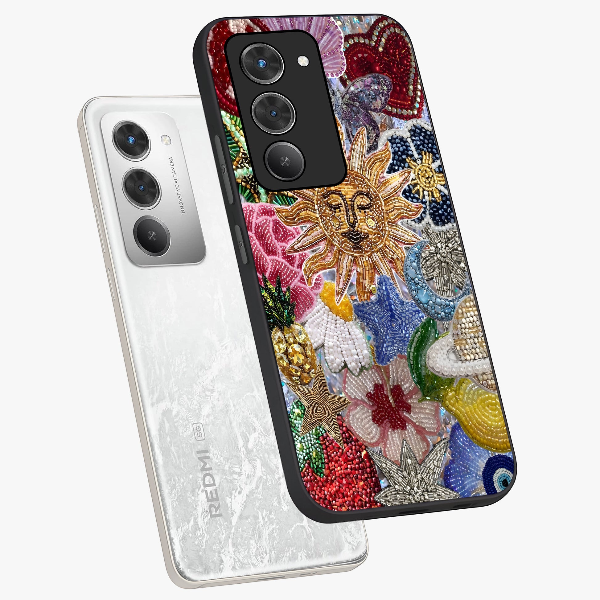 Celestial Floral and Playful Glass Case displayed in angled mockup highlighting playful floral design with dreamy celestial elements.
