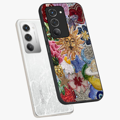Celestial Floral and Playful Glass Case displayed in angled mockup highlighting playful floral design with dreamy celestial elements.