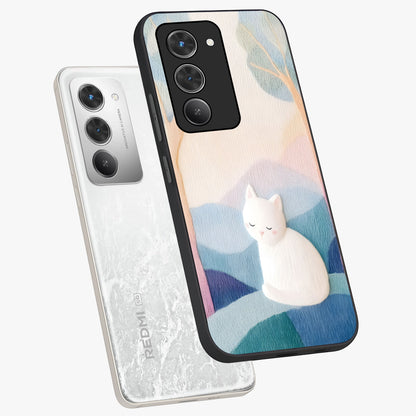 Cotton Dream Cat Glass Case displayed in angled mockup highlighting cute feline illustration with pastel aesthetic style.