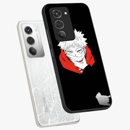 Crimson Chaos Smile Glass Case displayed in angled mockup highlighting edgy crimson smile design with graphic aesthetic.
