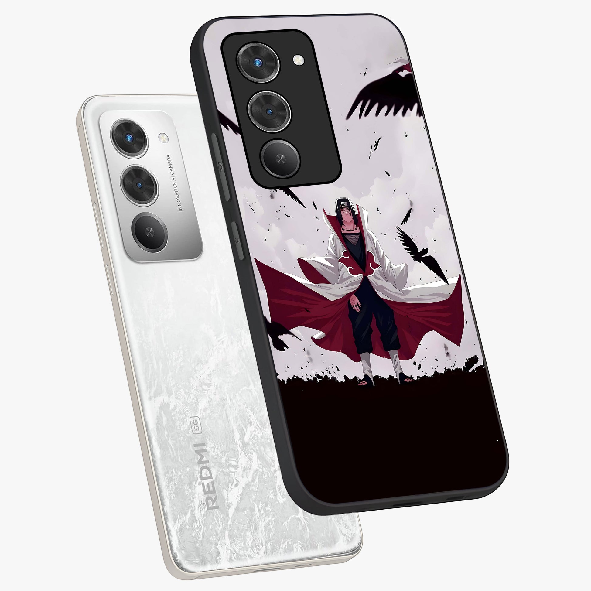 Crimson Crow Ascension Glass Case displayed in angled mockup highlighting powerful crow illustration with dark crimson aesthetic.