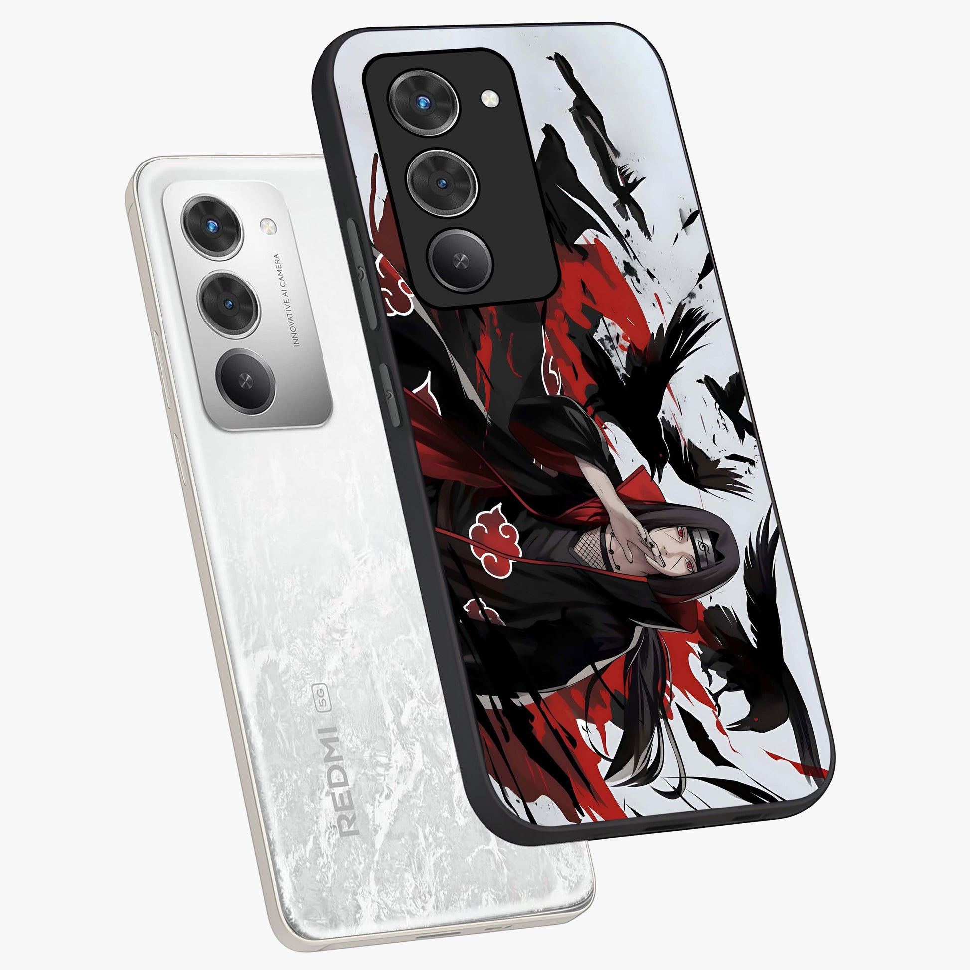 Crimson Crow Illusion Glass Case displayed in angled mockup highlighting mysterious crow graphic with dark aesthetic style.