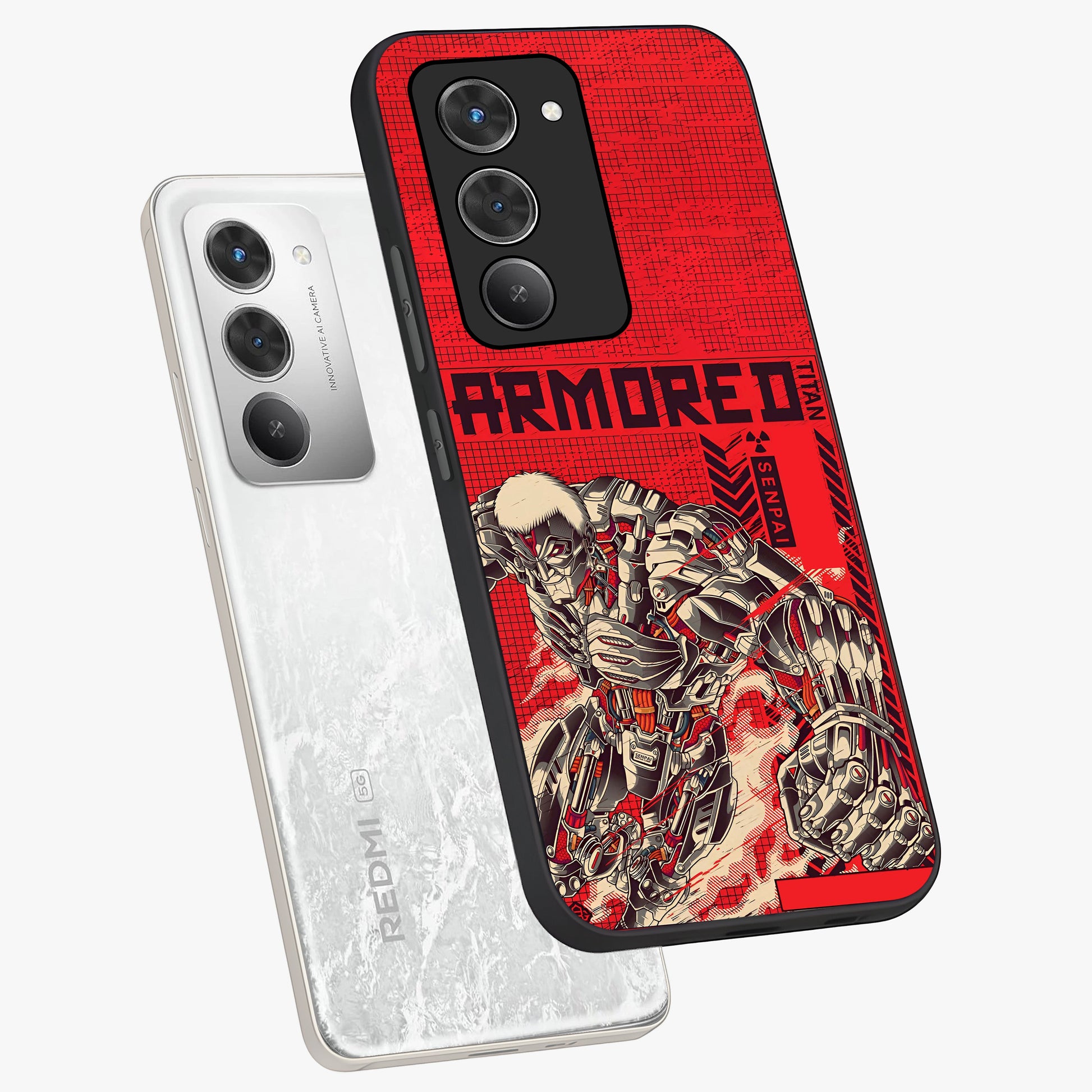 Crimson Mecha Titan Glass Case displayed in angled mockup highlighting futuristic mech illustration with bold crimson aesthetic.