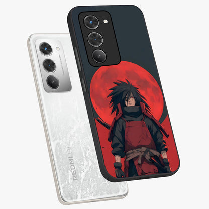 Crimson Moon Warlord Glass Case displayed in angled mockup highlighting dramatic crimson moon design with fantasy aesthetic.